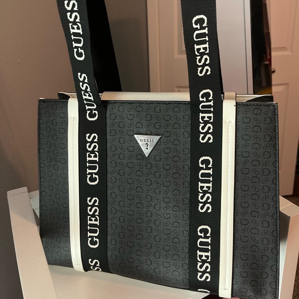 GUESS Monogram Black and White Tote Bag